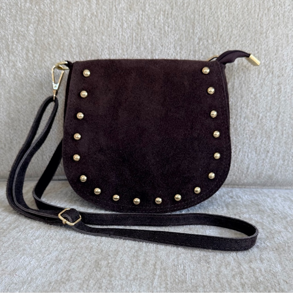 Persaman New York Elvira Brown Suede Studded Crossbody
